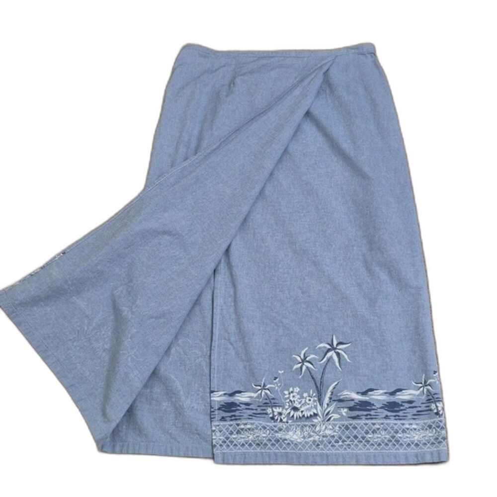 Vintage Chambray Wrap Skirt XL Blue Tropical Border Print 90s Coastal100% Cotton